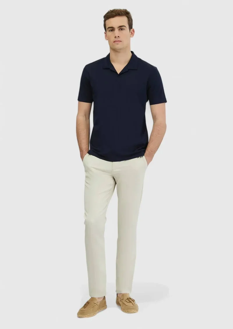 رامسي تيشيرت قطني 100% بياقة بولو من قماش الجاكار باللون الأزرق الداكن