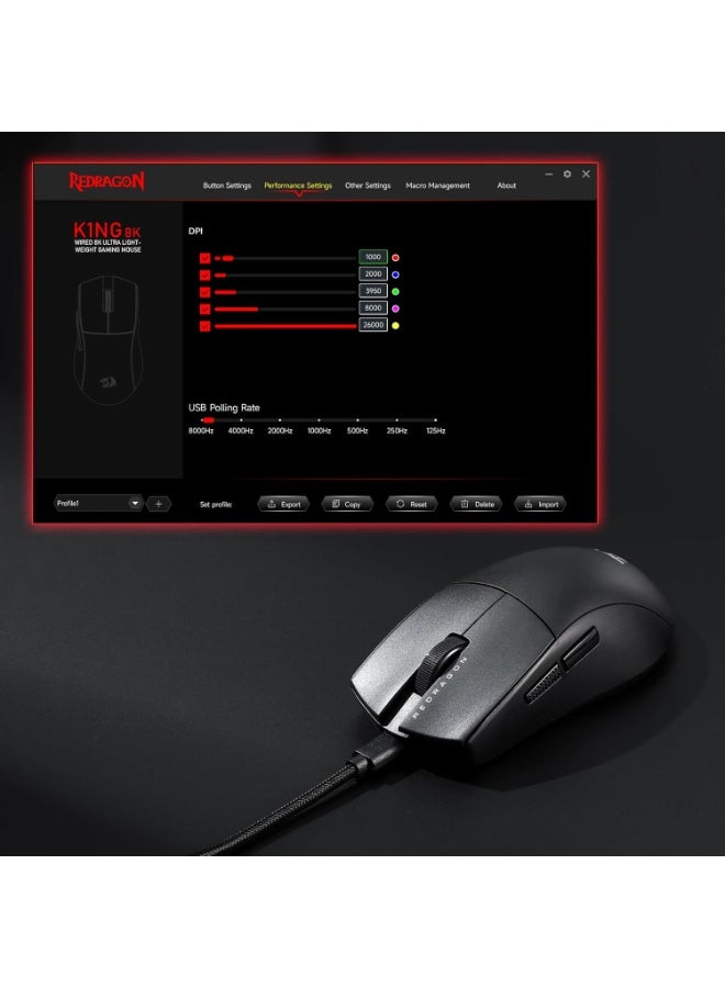 REDRAGON M996 Wired 8K Polling Rate Gaming Mouse, 42G Ultra-Light 26,000 Max DPI Gaming Mouse w/Ergonomic Natural Grip Build, Full Programmable Buttons, Software Supports DIY Keybinds & DPI - Image 4