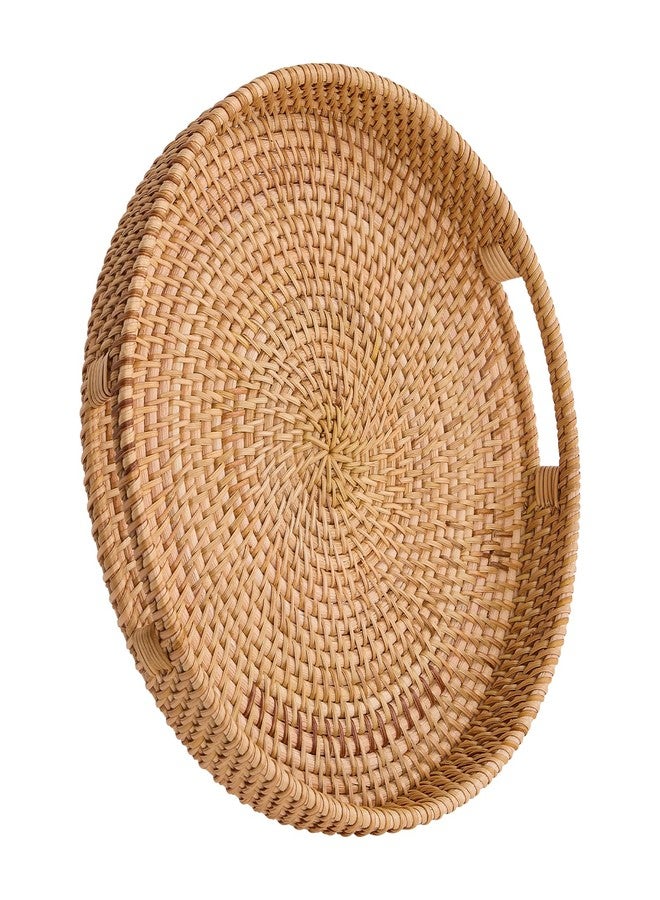 Kmelep Round Rattan Serving Tray,Hand-Woven Tray with Handles, Ottoman Decorative Coffee Table Tray,Wicker Storage Basket for Tea,Fruit,Bread (Natural, 11.8") - Image 1