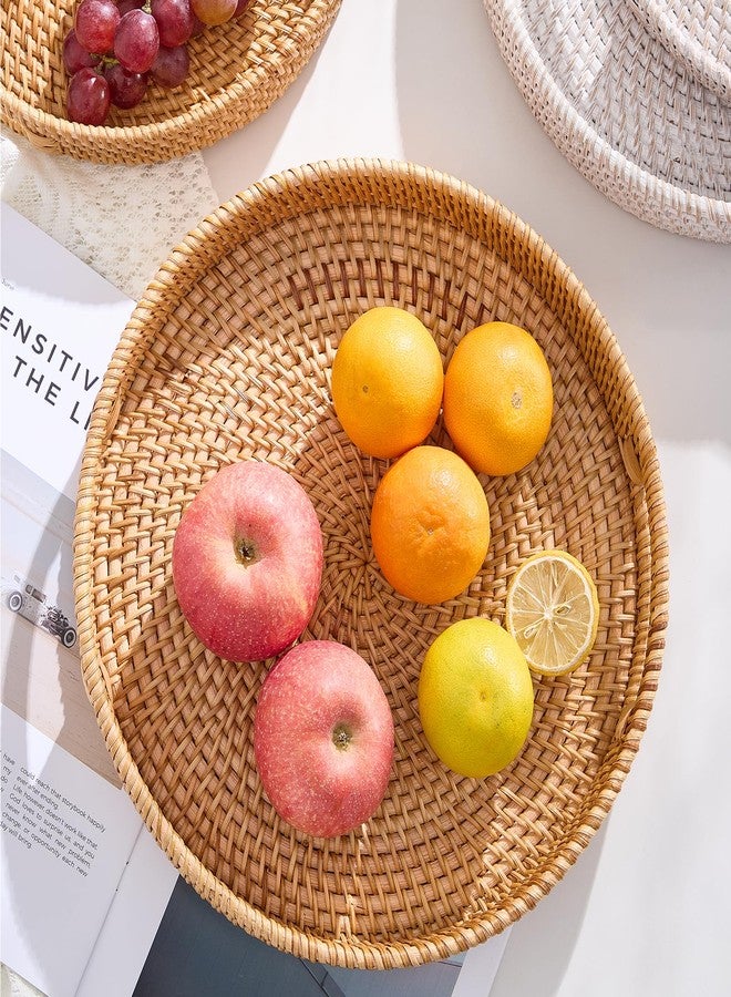Kmelep Round Rattan Serving Tray,Hand-Woven Tray with Handles, Ottoman Decorative Coffee Table Tray,Wicker Storage Basket for Tea,Fruit,Bread (Natural, 11.8") - Image 5