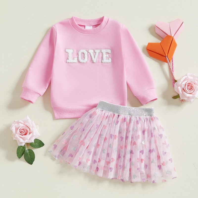 LAGKIYOJ Toddler Girls Valentineâ€™s Day Outfits Long Sleeve Letter Print/Embroidery Sweatshirt+Tulle Skirt Set Baby Clothes (Red Love, 2-3T) - Image 2