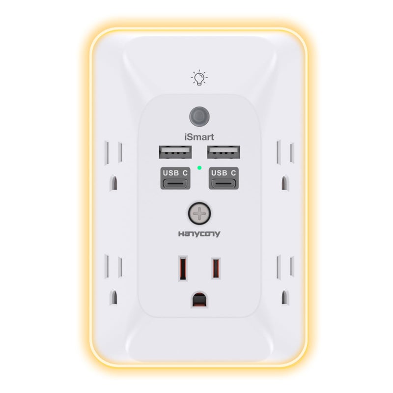 Multi Plug Outlet HANYCONY Outlet Extender with 4 USB Ports 2 USB C and Night Light 1050J Surge Protector Wall Mount Outlet Splitter for Bathroom Kicthen Camper Dorm Room Essentials