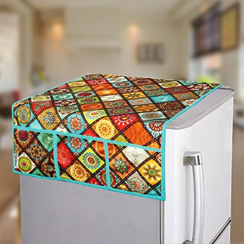 E-Retailer® Polyester 3-Layered Digital Printed Fridge Top Cover/Refrigerator Cover With 6 Utility Pockets (Color-Multi, Size-39x21 Inches) - Image 1
