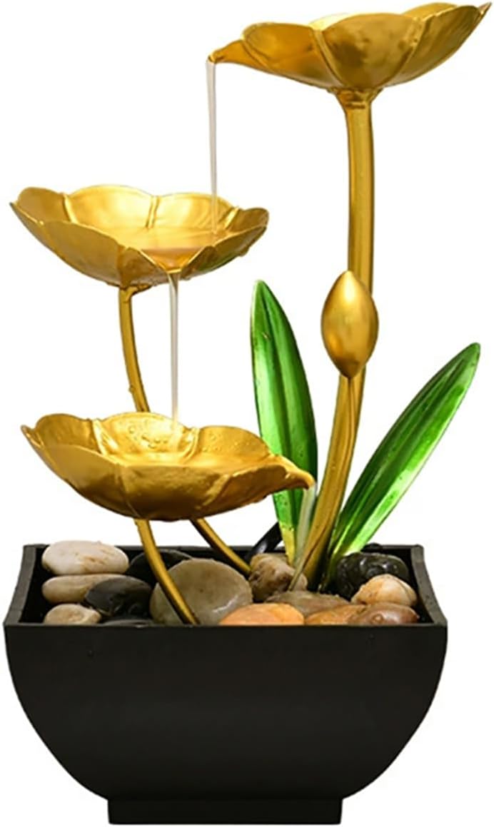 QINGYINGGE Gold Tabletop Water Fountain, Desktop Waterfall, Indoor Lotus Desktop Decorative Fountain, Home Bathroom Bedroom Decor. - Image 1
