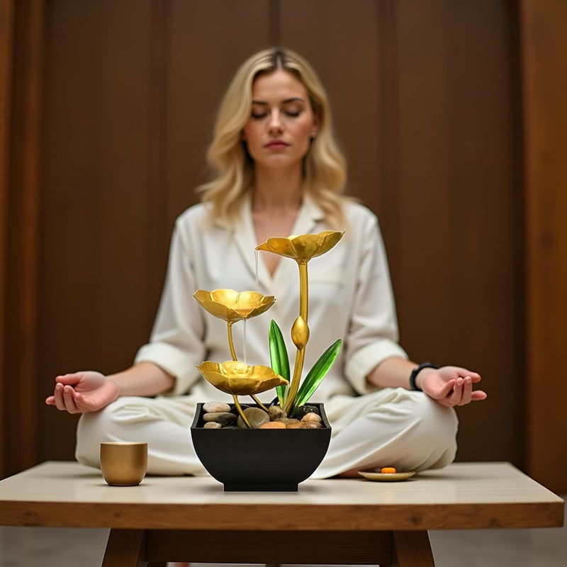 QINGYINGGE Gold Tabletop Water Fountain, Desktop Waterfall, Indoor Lotus Desktop Decorative Fountain, Home Bathroom Bedroom Decor. - Image 5