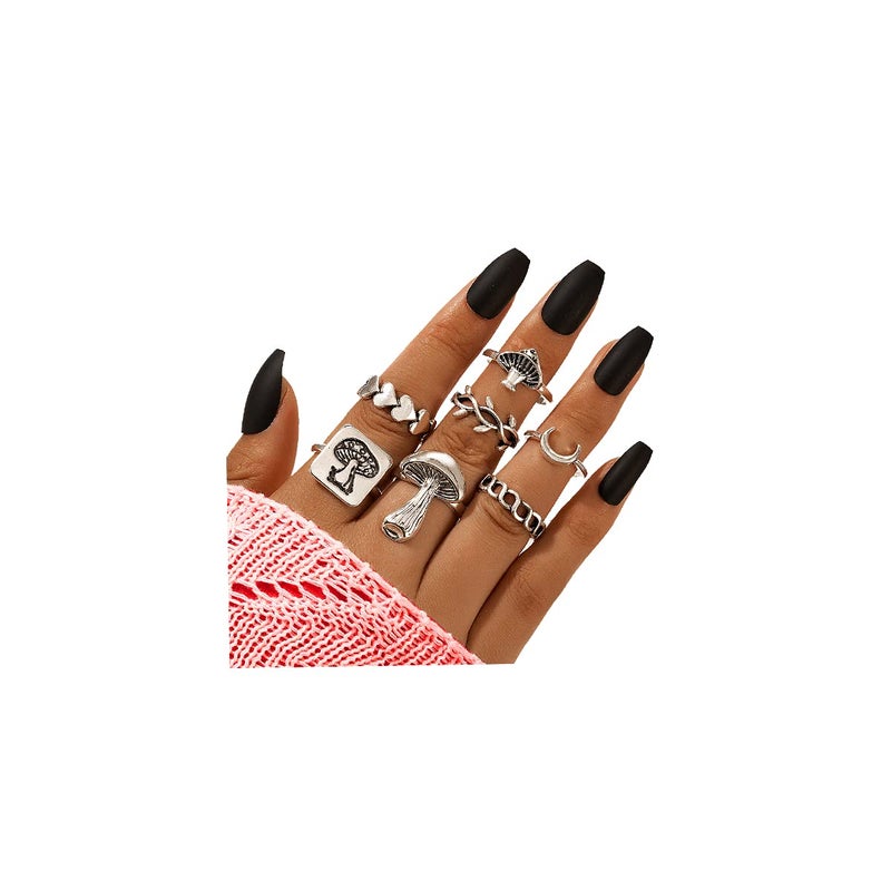 CSIYANJRY99 Vintage Silver Punk Rings Set Retro Mushroom Heart Moon Flower Heart Signet Knuckle Finger Statement Rings for Women Jewelry (I) - Image 1