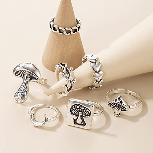 CSIYANJRY99 Vintage Silver Punk Rings Set Retro Mushroom Heart Moon Flower Heart Signet Knuckle Finger Statement Rings for Women Jewelry (I) - Image 4