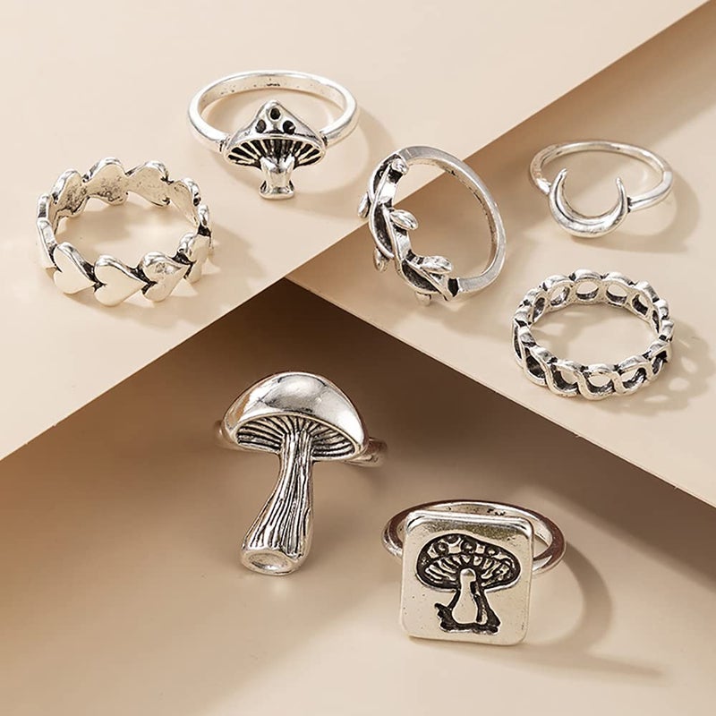 CSIYANJRY99 Vintage Silver Punk Rings Set Retro Mushroom Heart Moon Flower Heart Signet Knuckle Finger Statement Rings for Women Jewelry (I) - Image 3