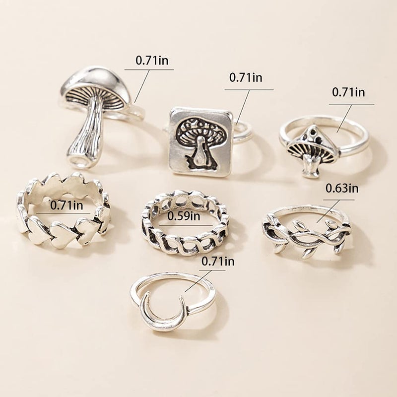 CSIYANJRY99 Vintage Silver Punk Rings Set Retro Mushroom Heart Moon Flower Heart Signet Knuckle Finger Statement Rings for Women Jewelry (I) - Image 2