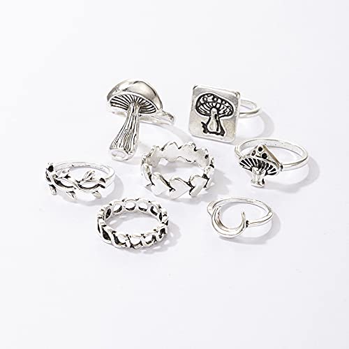 CSIYANJRY99 Vintage Silver Punk Rings Set Retro Mushroom Heart Moon Flower Heart Signet Knuckle Finger Statement Rings for Women Jewelry (I) - Image 5