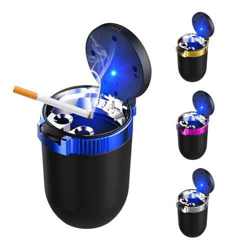 Ohleats Car Ashtray with Lid, Detachable Stainless Steel Ash Tray with LED Blue Light, Portable Mini Vehicle Cup Holder Trash Can Smell Proof Ashtray Cup, Universal Car Accessories (Blue) - Image 1