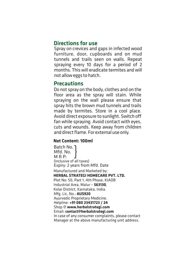 Herbal Strategi Herbal Strategi Termite Repellent Spray - Natural, Vegan & Eco-Friendly | 100% Herbal and Chemical free | Baby and Pet safe | Ayush certified | 100ml - Image 5