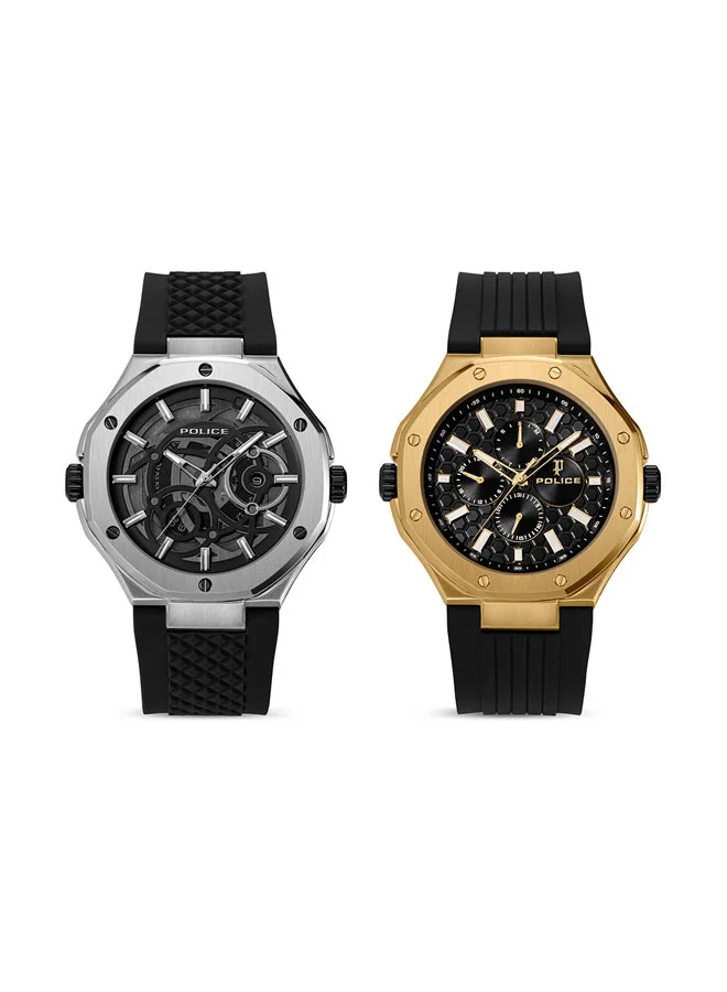 POLICE Dual Black Double-Dial Black Silicone Strap Multifunction Watch for Men - 44mm