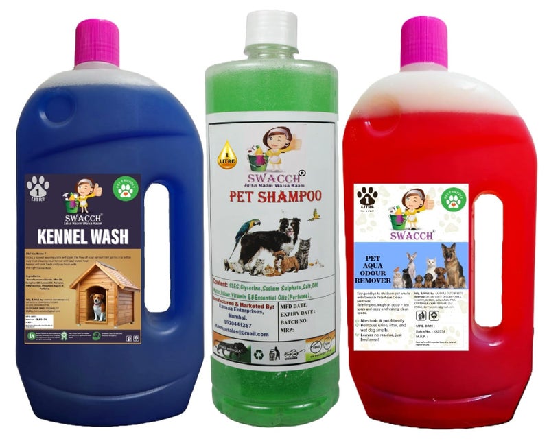 swacch Kennel Wash (Lavender) + Pet Shampoo (Neem Alovera) I Pet Aqua Odour Remover (Strawberry) 1 Litre Combo Pack of 3 Economical Pack I Dog and Cat Friendly - Image 1