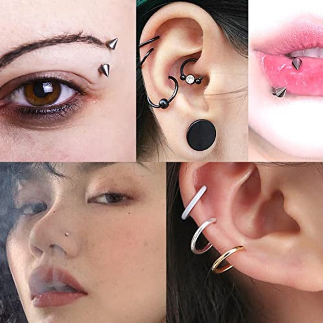 طقم ثقب Vsnnsns من الفولاذ الجراحي 316L، طقم مجوهرات الجسم مع إبر ثقب 12G 14G 16G 18G 20G للاستخدام في ثقب الأنف والحاجز والشفة واللسان والبطن والحواجب والأذن، فضي أسود قوس قزح - Image 5