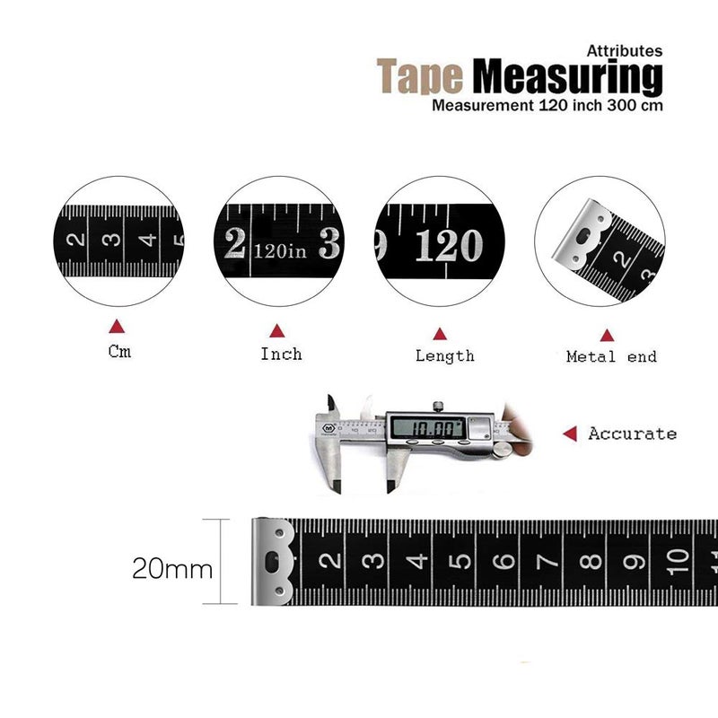 BUSHIBU Tape Measure Body Measuring Tape, 120 Inch Soft Fabric Measuring Tape for Sewing Cloth Measurement, Double Scale Tailor Ruler for Weight Loss Medical Measurement Nursing Craft(2 Pack/Black) - Image 2