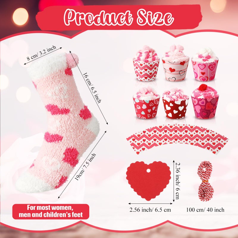 ShinyMatch 6 Pairs Valentine's Day Cupcake Socks Fuzzy Sock with Cupcake Card DIY Gift Slipper Stockings for Winter Women Men(Romantic) - Image 2