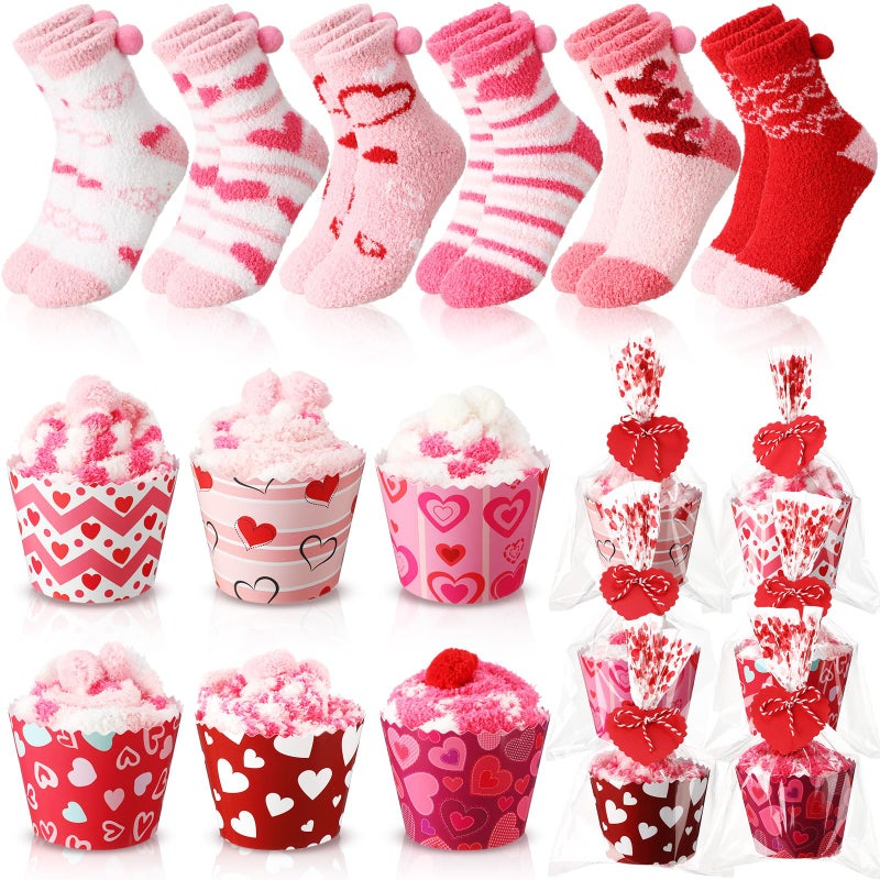 ShinyMatch 6 Pairs Valentine's Day Cupcake Socks Fuzzy Sock with Cupcake Card DIY Gift Slipper Stockings for Winter Women Men(Romantic) - Image 1