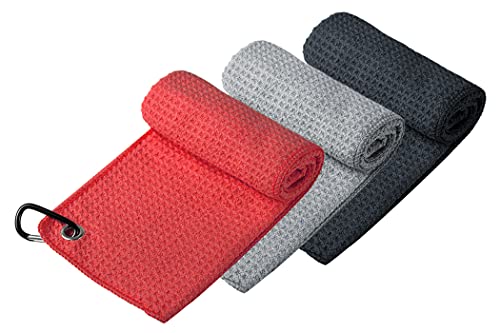 Handy Picks Microfiber Golf Towel (16" X 16") with Carabiner Clip, Waffle Pattern Hook and Loop Fastener - The Convenient Golf Cleaning Towel Black/Grey/Red - Image 2