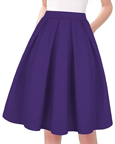 Tandisk Women's Vintage A-line Printed Pleated Flared Midi Skirts with Pockets (Purple, 2XL) - Image 1