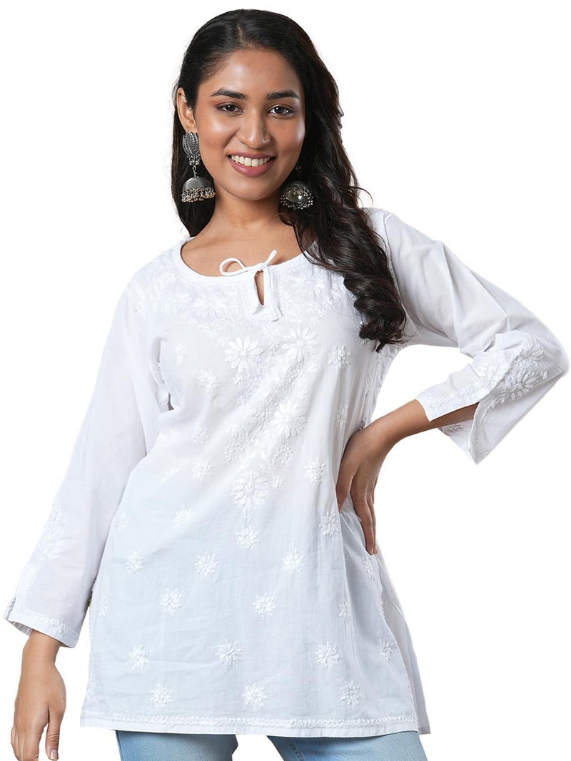 Ada Hand Embroidered Chikankari Indian Wear White Cotton Top Tunic Shirt Kurti for Women A911209(XL) - Image 1
