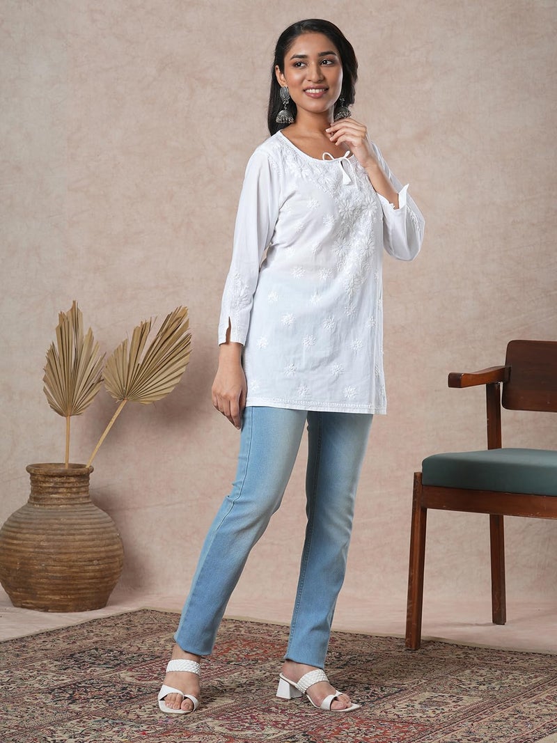 Ada Hand Embroidered Chikankari Indian Wear White Cotton Top Tunic Shirt Kurti for Women A911209(XL) - Image 4