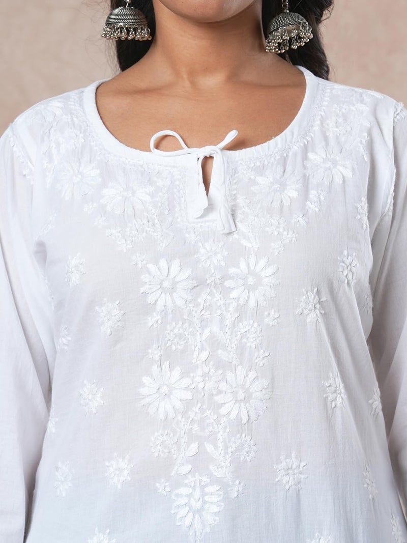 Ada Hand Embroidered Chikankari Indian Wear White Cotton Top Tunic Shirt Kurti for Women A911209(XL) - Image 5