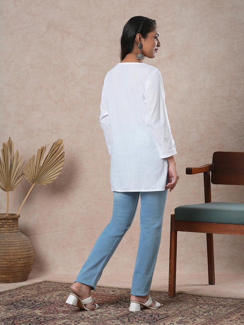 Ada Hand Embroidered Chikankari Indian Wear White Cotton Top Tunic Shirt Kurti for Women A911209(XL) - Image 2