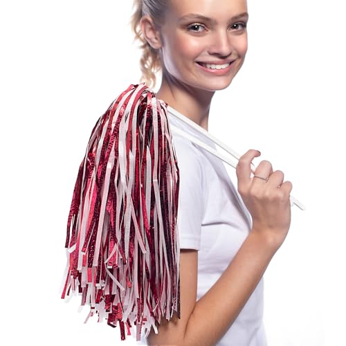 Anderson's Metallic Maroon and White Foil Textured School Spirit Shakers, Cheerleader Pom Poms, Football, Basketball, Homecoming Squad, Team, Party, Dance, Club, Performance, Celebration Pack of 10 - Image 2