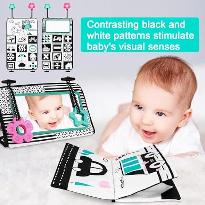 BABY TUMMY TIME MIRROR FLIP FOR BABY PLAY NEWBORN MIRROR TOY WITH TEETHER BLACK AND WHITE SENSORY TOYS SOFT CLOTH BOOK DEVELOPMENTAL GIFT FOR INFANTS GIRLS BOYS 0 6 MONTHS GREEN - Image 2
