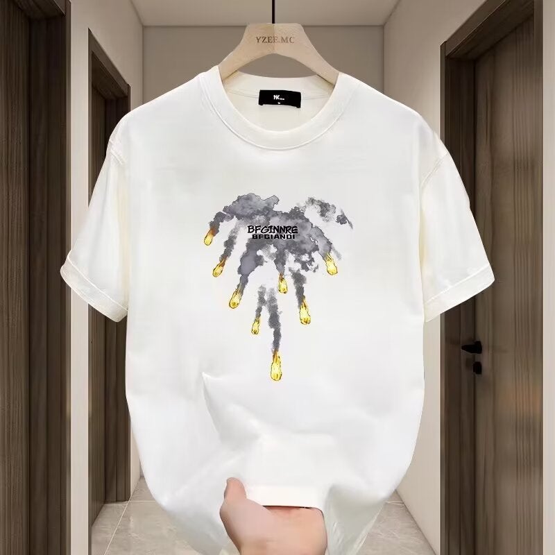 Pure Cotton Short-Sleeved T-Shirt Men'S Fashionable Brand Summer Slim-Fit Short-Sleeved Internet Trendy Simple Printed Top - Image 3