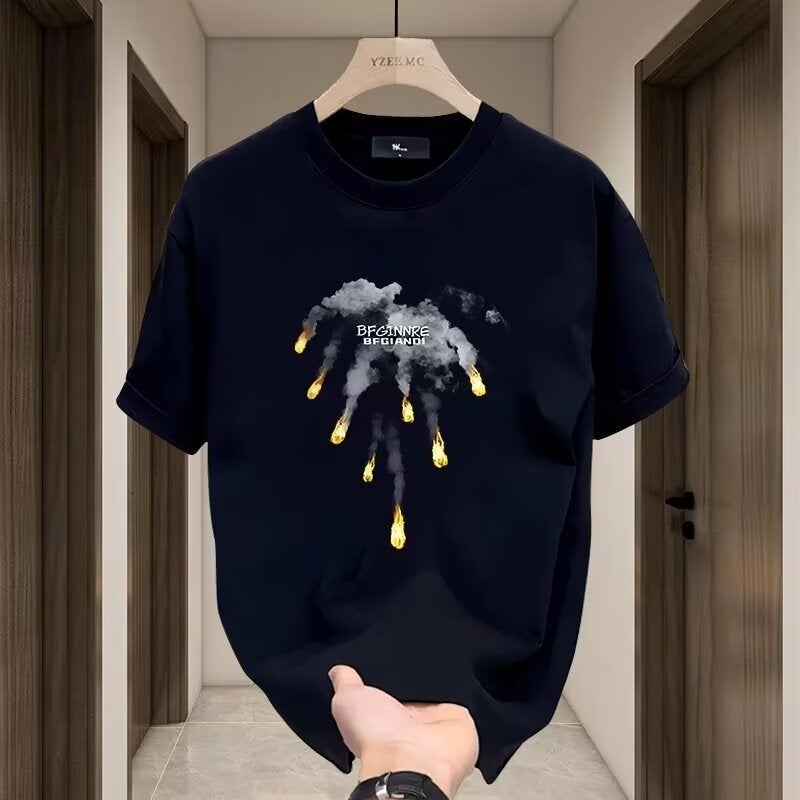 Pure Cotton Short-Sleeved T-Shirt Men'S Fashionable Brand Summer Slim-Fit Short-Sleeved Internet Trendy Simple Printed Top - Image 1