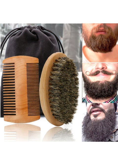 Soft Boar Bristle Wood Beard Brush Hair Comb Set