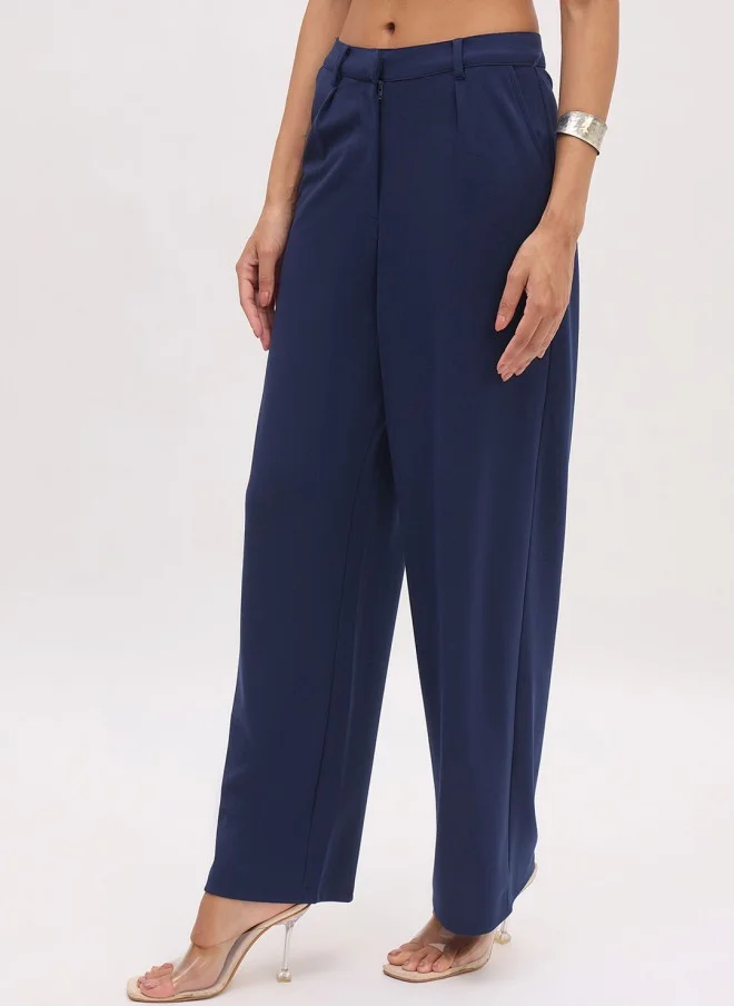 ساسافراس Solid Navy High-Rise Formal Trousers for Women