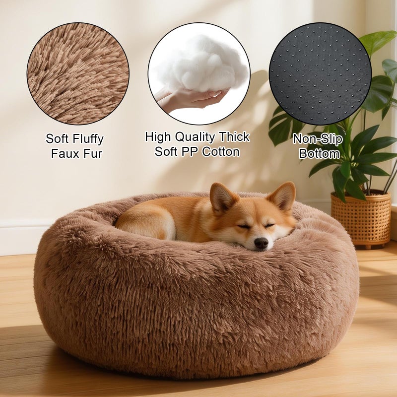Kimpets Dog Calming Beds for Small Medium Large Dogs - Round Donut Washable Puppy Dog Bed, Anti-Slip Faux Fur Fluffy Donut Cuddle Anxiety Cat Pet Bed(20'' Khaki - Image 2