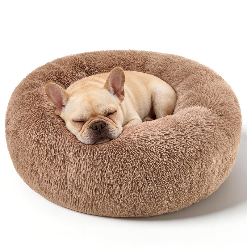 Kimpets Dog Calming Beds for Small Medium Large Dogs - Round Donut Washable Puppy Dog Bed, Anti-Slip Faux Fur Fluffy Donut Cuddle Anxiety Cat Pet Bed(20'' Khaki - Image 1