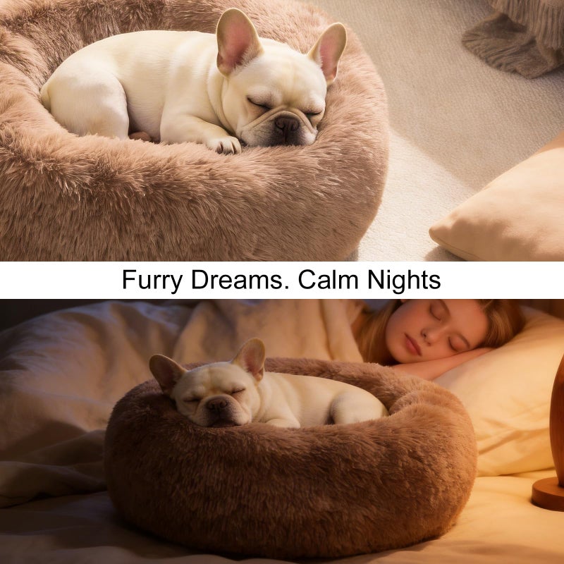 Kimpets Dog Calming Beds for Small Medium Large Dogs - Round Donut Washable Puppy Dog Bed, Anti-Slip Faux Fur Fluffy Donut Cuddle Anxiety Cat Pet Bed(20'' Khaki - Image 3