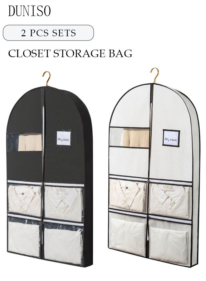 DUNISO 2PCS Clothes Dust Cover Non-woven Garment Bag With 4 Zipper Pockets And Clear Window for Clothet Storage Or Travel 60x10x125cm - Image 1