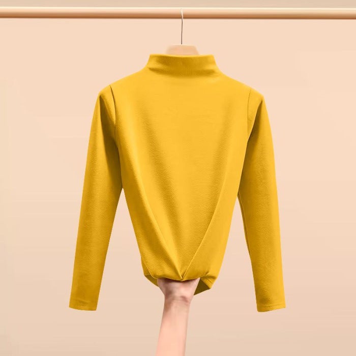 Double-sided Velvet Semi-high Collar Base Shirt Womens Spring Autumn and Winter Interior fleece-lined Thickened 2023 Womens Warm Top Western Style Coffee - Image 3