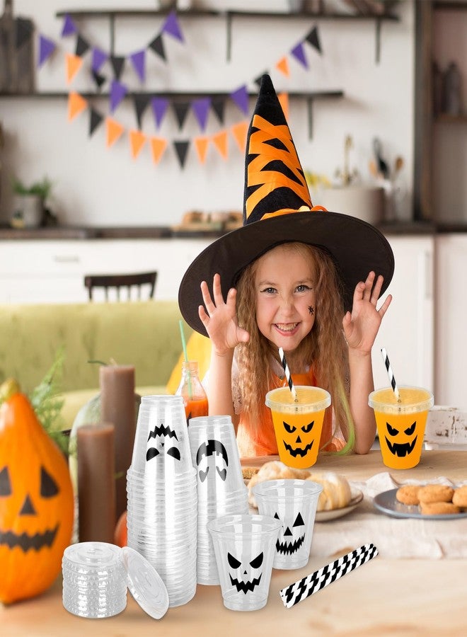 Whaline أكواب بلاستيكية قابلة للتصرف 60 قطعة سعة 9 أونص مع أغطية وقش وجه اليقطين الشرير الأسود لمشروبات باردة لحفلات عيد الهالوين وحفلات عيد الميلاد - Image 4