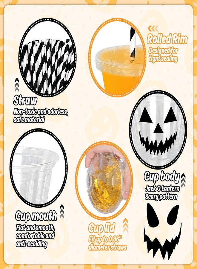 Whaline أكواب بلاستيكية قابلة للتصرف 60 قطعة سعة 9 أونص مع أغطية وقش وجه اليقطين الشرير الأسود لمشروبات باردة لحفلات عيد الهالوين وحفلات عيد الميلاد - Image 3