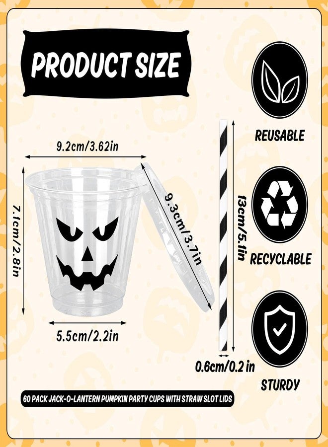 Whaline أكواب بلاستيكية قابلة للتصرف 60 قطعة سعة 9 أونص مع أغطية وقش وجه اليقطين الشرير الأسود لمشروبات باردة لحفلات عيد الهالوين وحفلات عيد الميلاد - Image 2