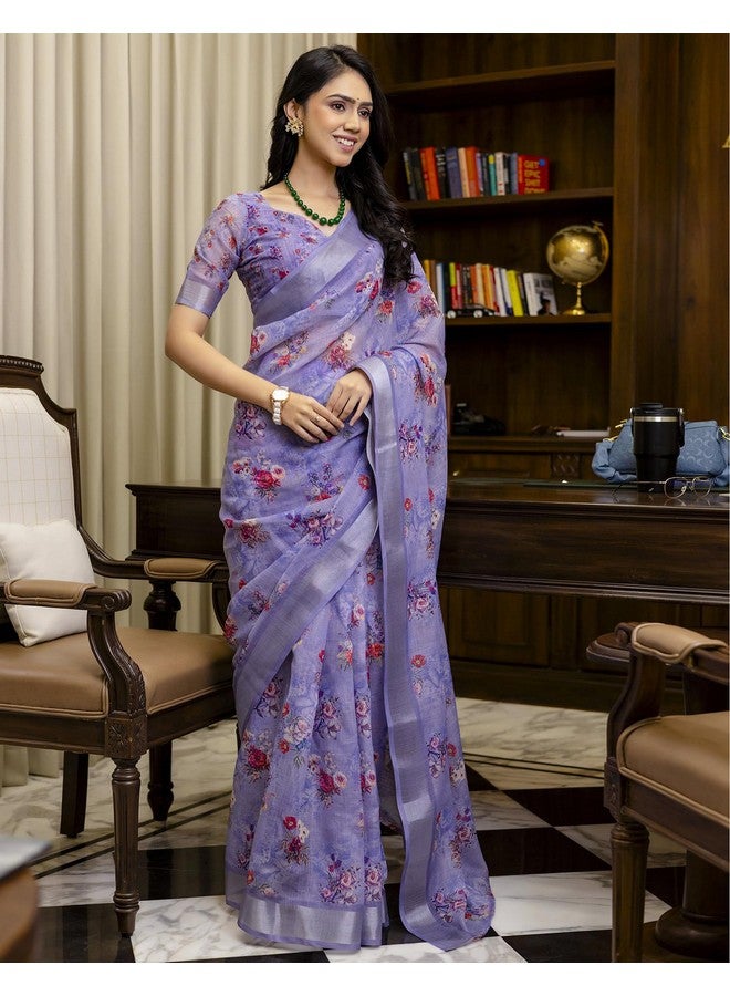 SIRIL ساري نسائي من القطن والكتان مزخرف جاهز للارتداء في دقيقة واحدة مع قطعة بلوزة غير مخيطة (53RS123_بنفسجي فاتح) - Image 4