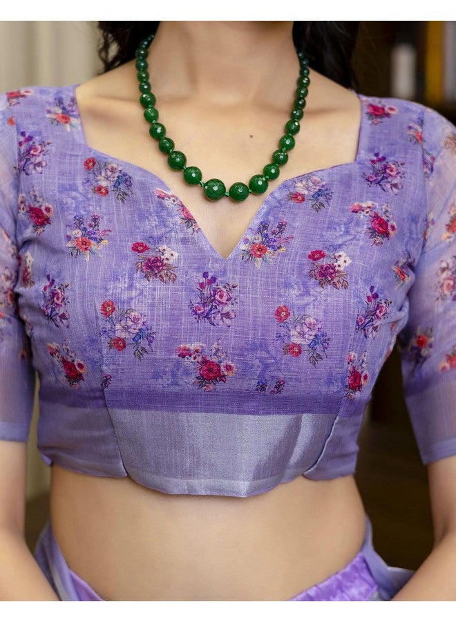 SIRIL ساري نسائي من القطن والكتان مزخرف جاهز للارتداء في دقيقة واحدة مع قطعة بلوزة غير مخيطة (53RS123_بنفسجي فاتح) - Image 5