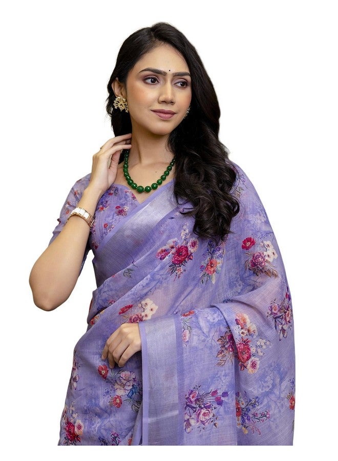 SIRIL ساري نسائي من القطن والكتان مزخرف جاهز للارتداء في دقيقة واحدة مع قطعة بلوزة غير مخيطة (53RS123_بنفسجي فاتح) - Image 1