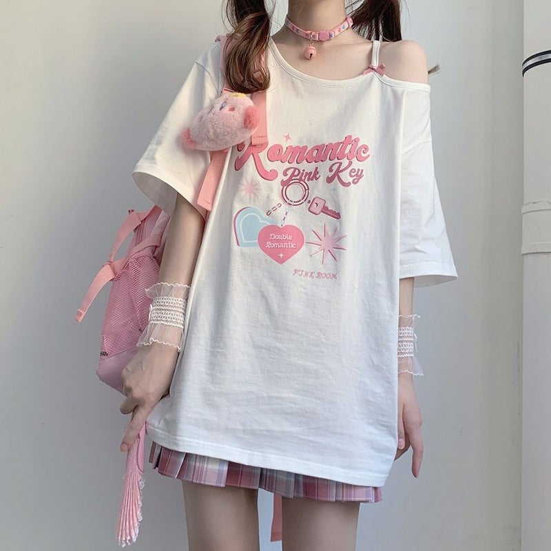 Black And White Off-Shoulder Short-Sleeved T-Shirt Women'S Summer Japanese Soft Girl Jk Top Cute Sweet Cool Harajuku Ins Trendy - Image 2
