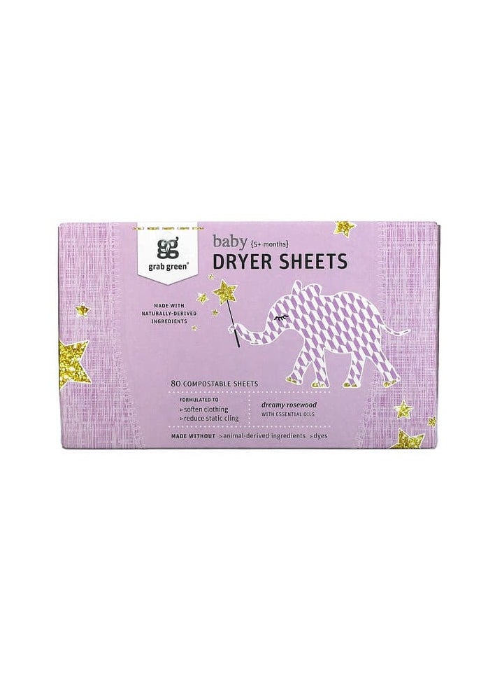 Grab Green - Grab Green, Dryer Sheets, Baby, 5+ Months, Dreamy Rosewood with Essential Oils, 80 Compostable Sheets - Image 1