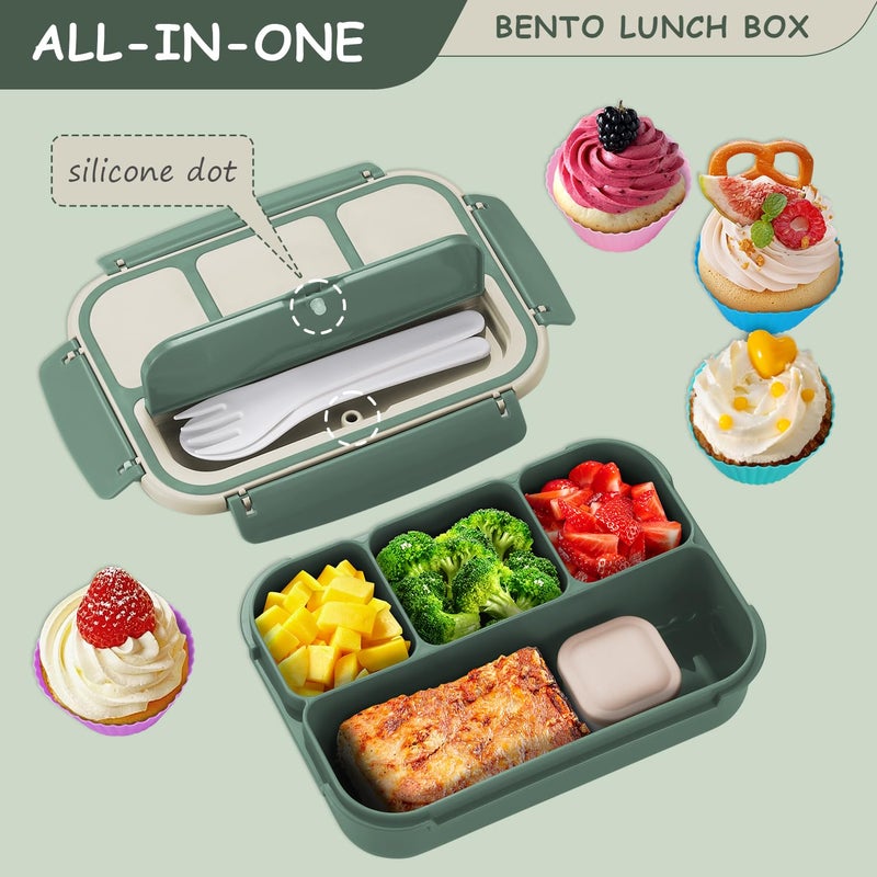 QQKO Bento Box Adult Lunch Box, Bento Box for Kids, 1200 ML Lunch Containers for Adults, Food Storage Container With 4 Compartments, Leak-Proof, Microwave, Dishwasher Safe, Green - Image 5