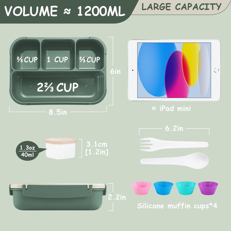 QQKO Bento Box Adult Lunch Box, Bento Box for Kids, 1200 ML Lunch Containers for Adults, Food Storage Container With 4 Compartments, Leak-Proof, Microwave, Dishwasher Safe, Green - Image 2