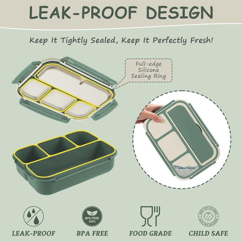 QQKO Bento Box Adult Lunch Box, Bento Box for Kids, 1200 ML Lunch Containers for Adults, Food Storage Container With 4 Compartments, Leak-Proof, Microwave, Dishwasher Safe, Green - Image 3